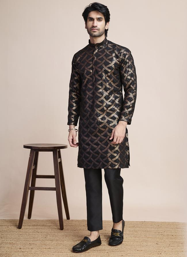 Silk Black Party Wear Sequins Work Readymade Kurta